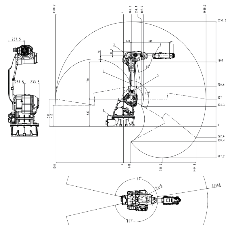 ROBOT SIZE DIMENSION & MAXIMUM MOTION RANGE VBR20-1600T2